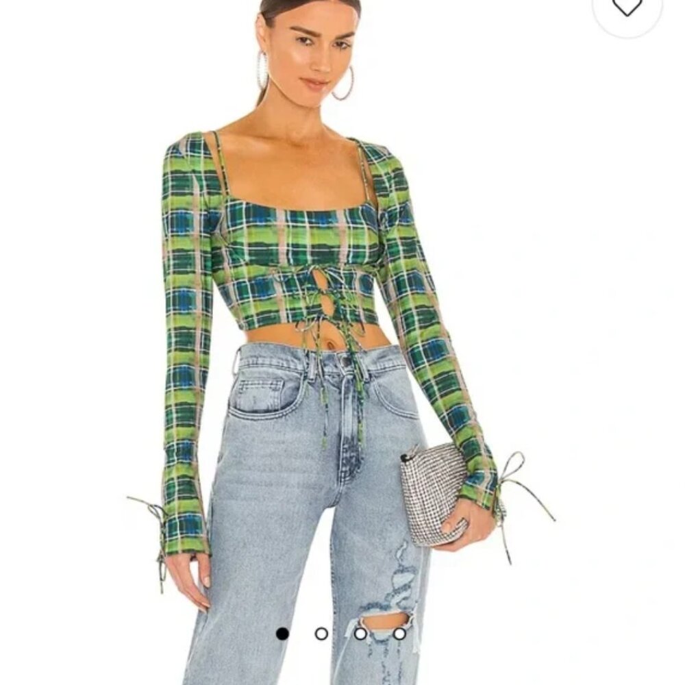 Danielle Guizio Plaid Scoop Tie cardigan and Bralette Set